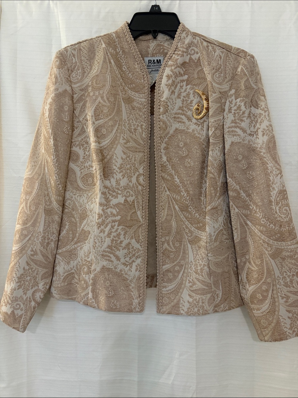 R&M Richards Beige Paisley Embossed Blazer with Gold Pin